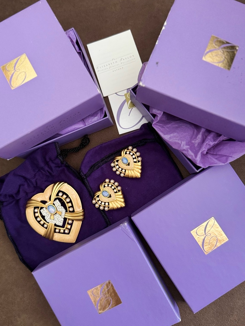 Vintage Elizabeth Taylor Gold Heart Pendant & Earrings Set